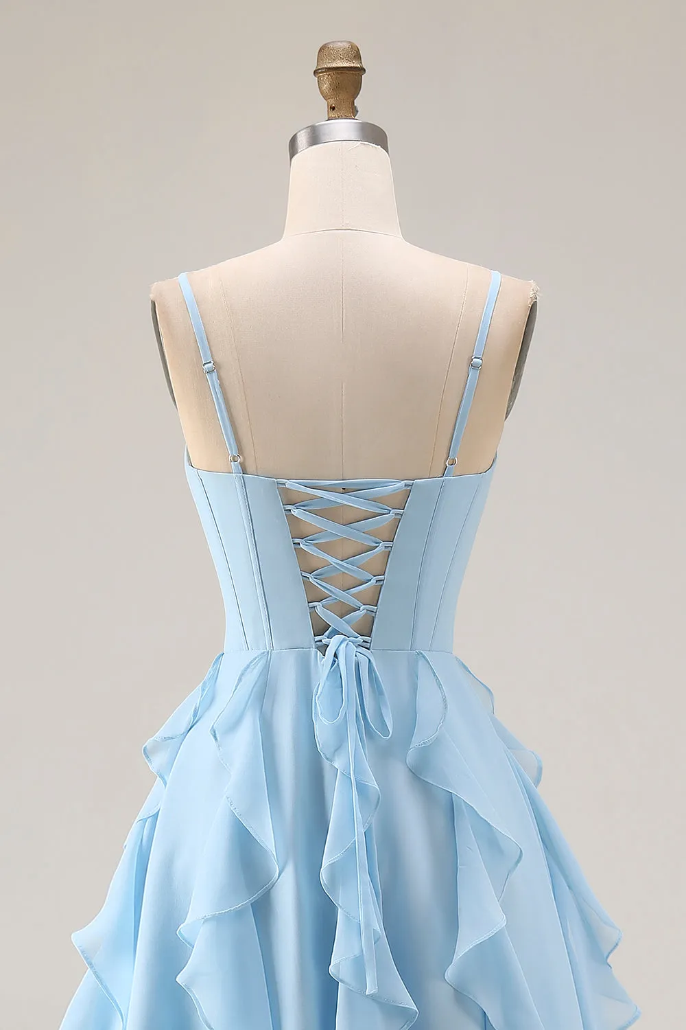 Sky Blue A Line Ruffled Corset Long Bridesmaid Dress with Slit sold by Wedtrend product image thumbnail 5