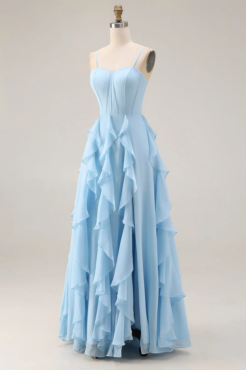 Sky Blue A Line Ruffled Corset Long Bridesmaid Dress with Slit sold by Wedtrend product image thumbnail 3