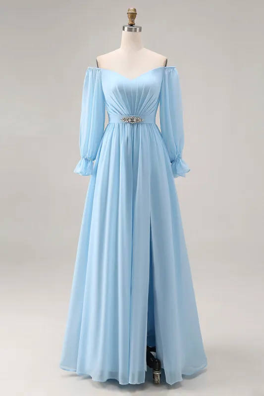 Off the Shoulder Sky Blue A Line Long Sleeve Bridesmaid Dress with Slit made by Wedtrend