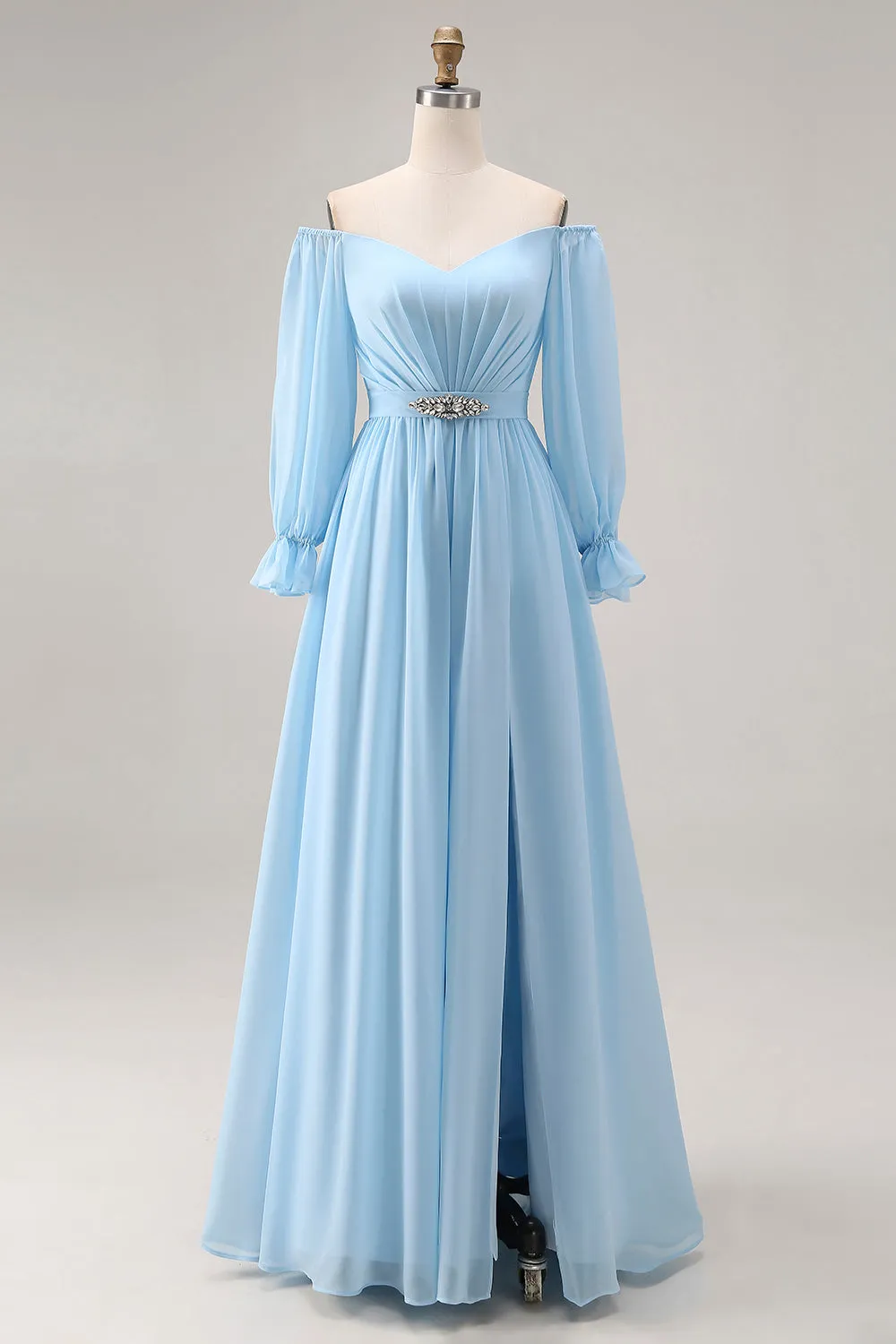 Off the Shoulder Sky Blue A Line Long Sleeve Bridesmaid Dress with Slit sold by Wedtrend