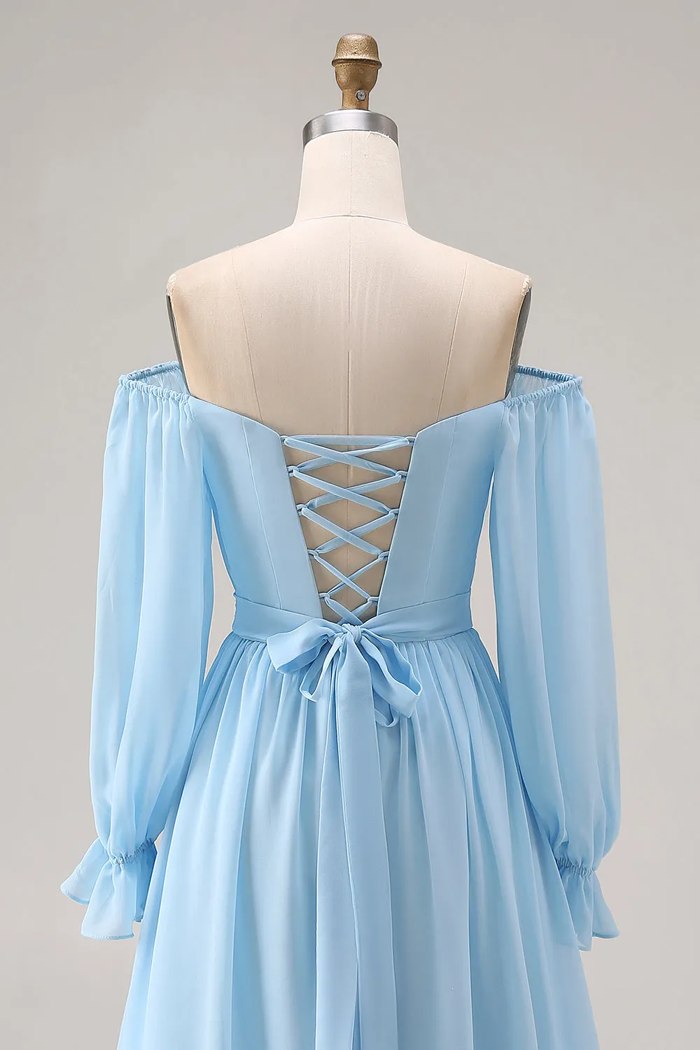 Off the Shoulder Sky Blue A Line Long Sleeve Bridesmaid Dress with Slit sold by Wedtrend product image thumbnail 5