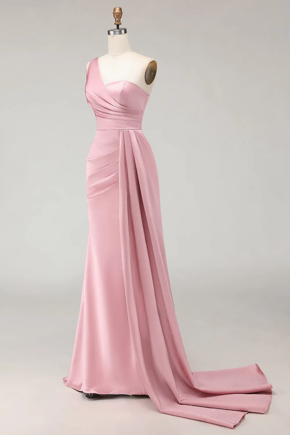 Blush Pink One Shoulder Satin Mermaid Ruched Long Bridesmaid Dress with Sash sold by Wedtrend product image thumbnail 3
