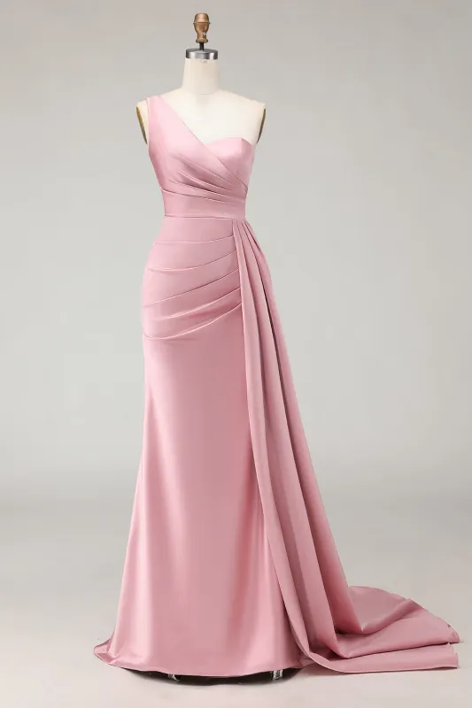 Blush Pink One Shoulder Satin Mermaid Ruched Long Bridesmaid Dress with Sash made by Wedtrend