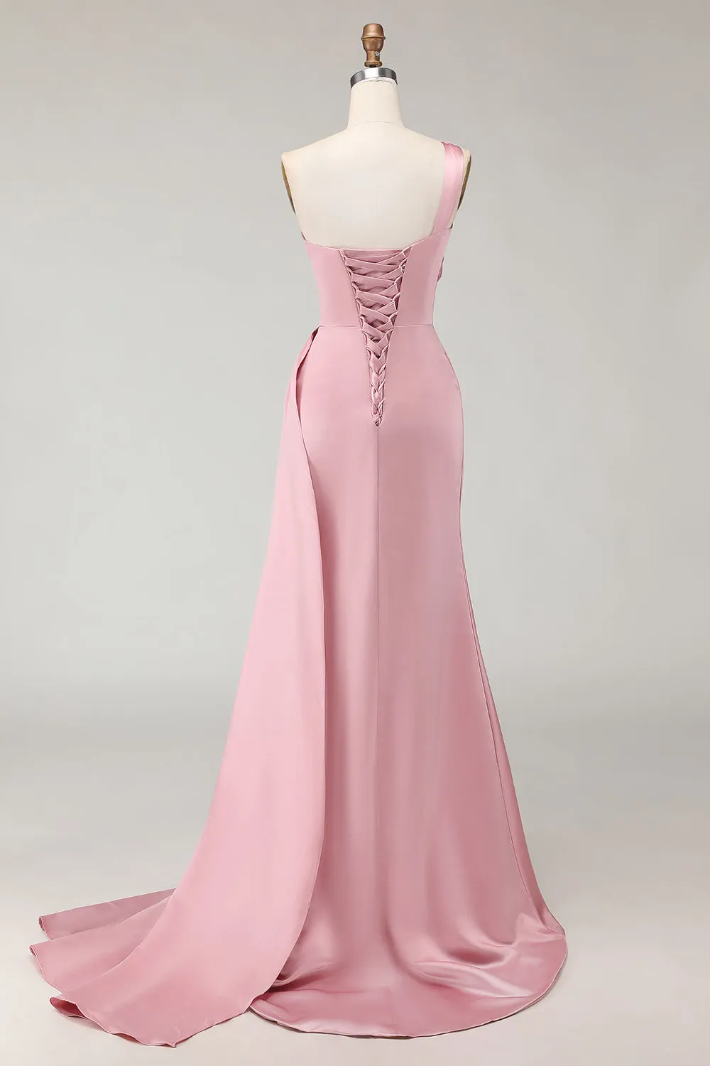 Blush Pink One Shoulder Satin Mermaid Ruched Long Bridesmaid Dress with Sash sold by Wedtrend product image thumbnail 2