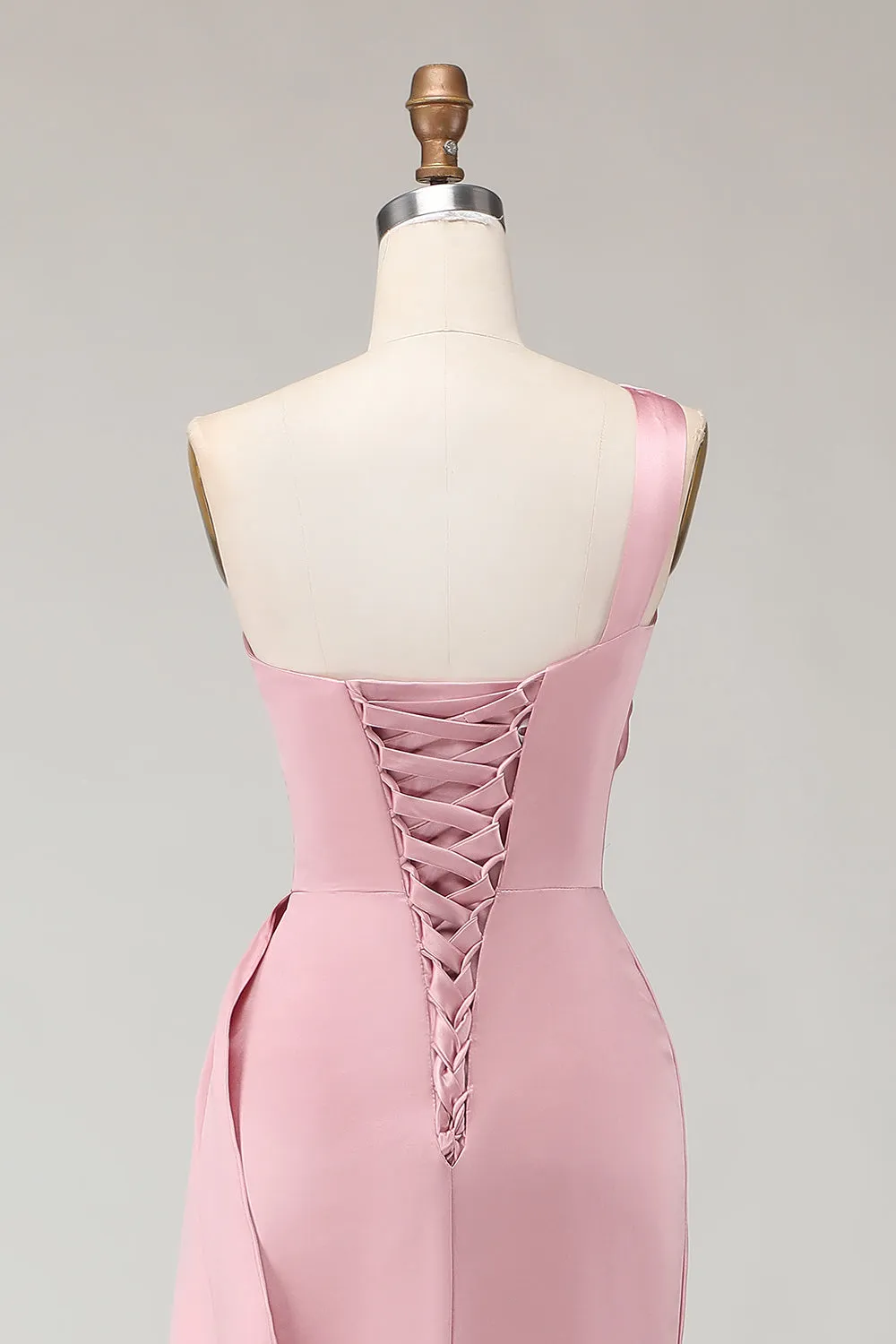 Blush Pink One Shoulder Satin Mermaid Ruched Long Bridesmaid Dress with Sash sold by Wedtrend product image thumbnail 5