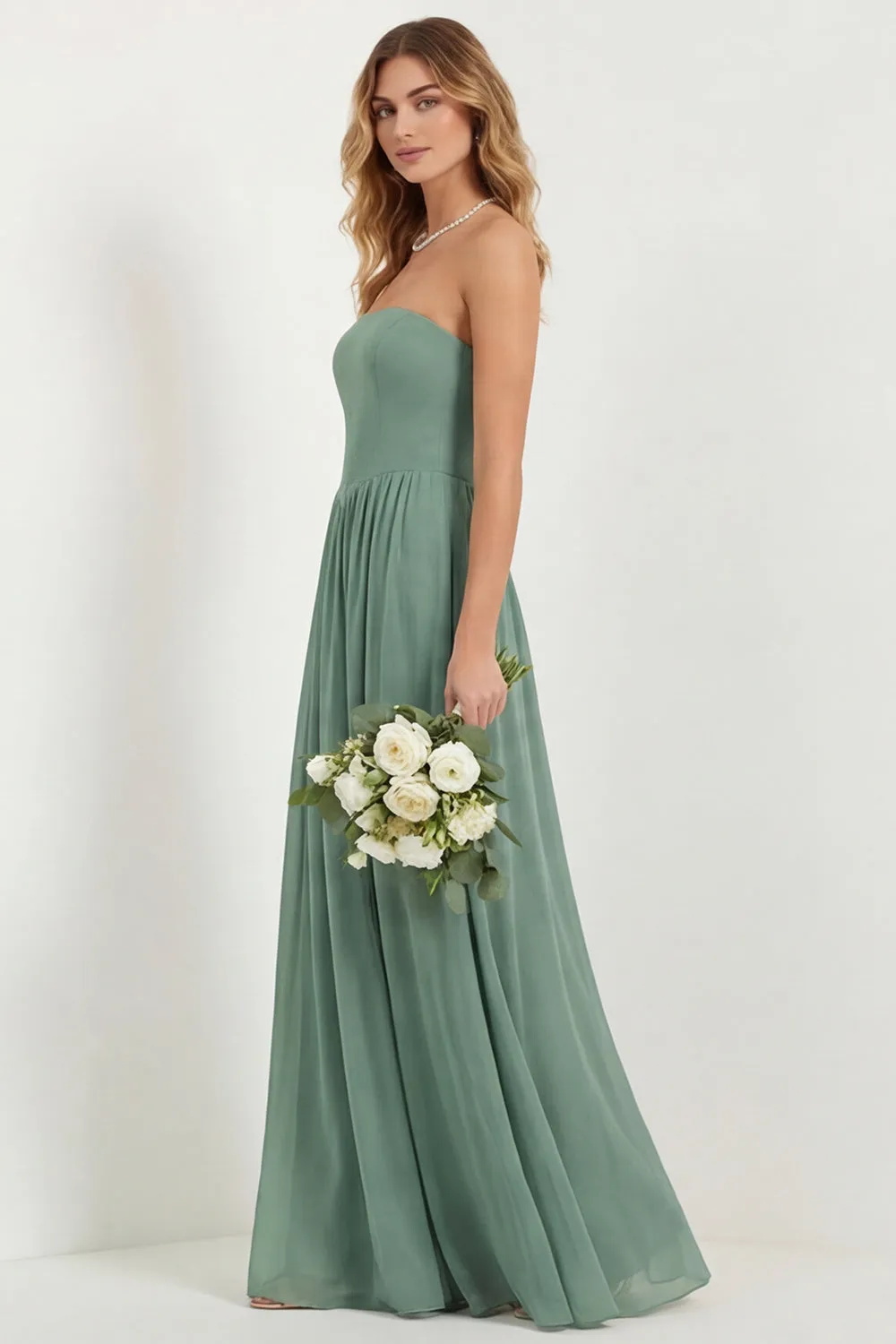 Strapless Eucalyptus Chiffon A Line Long Bridesmaid Dress with Pockets sold by Wedtrend product image thumbnail 3