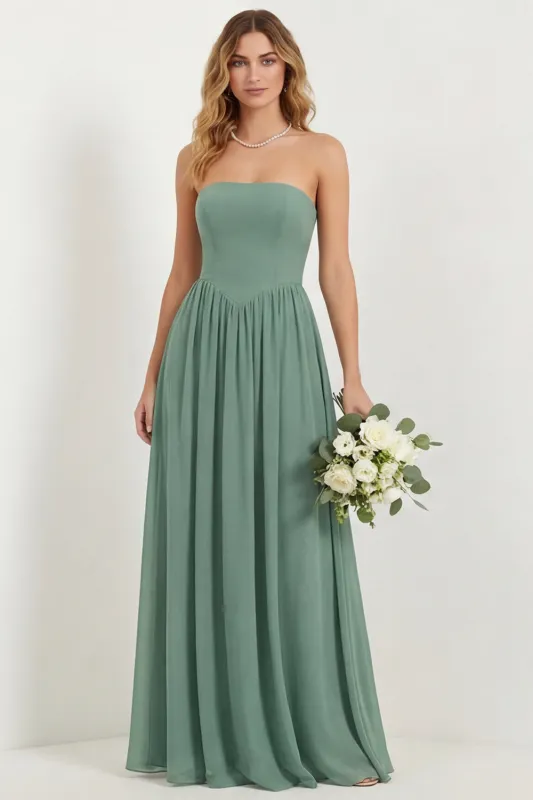 Strapless Eucalyptus Chiffon A Line Long Bridesmaid Dress with Pockets made by Wedtrend