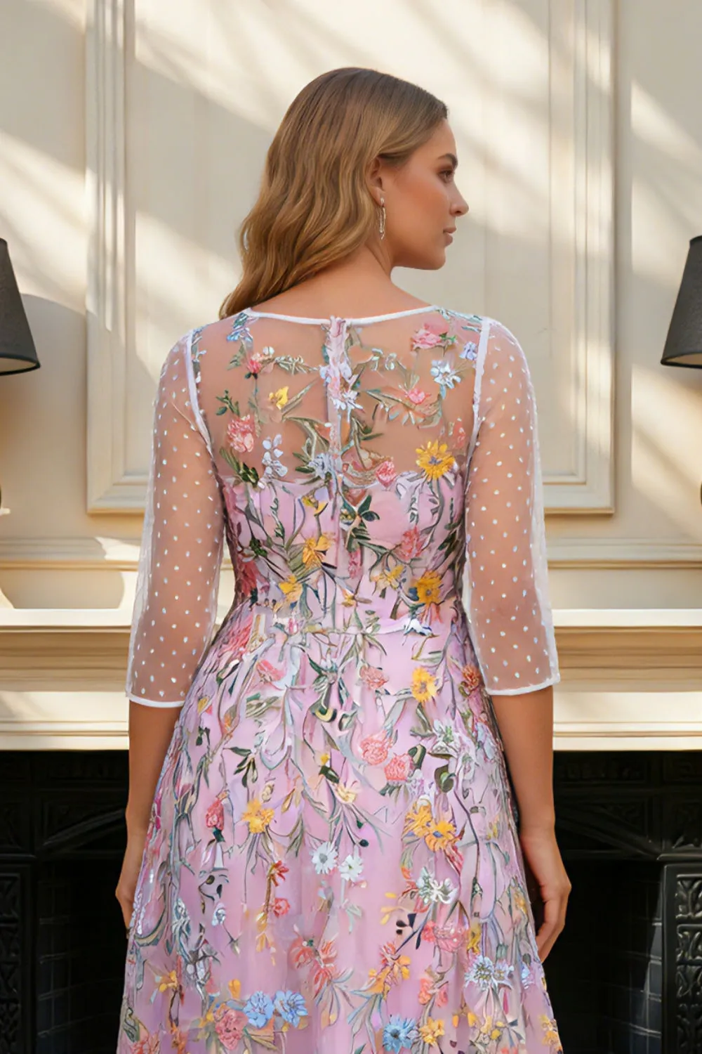 Floral Dusty Rose Applique Illusion Neck A Line Mother of the Bride Dress with Long Sleeves sold by Wedtrend product image thumbnail 5