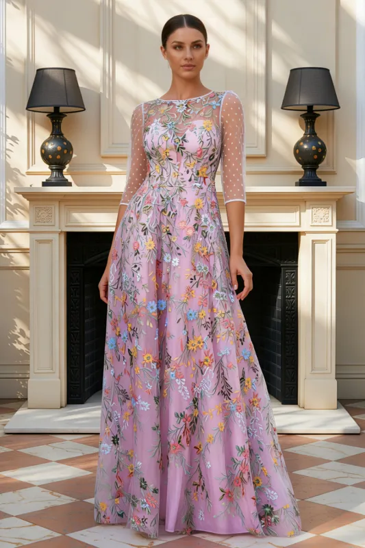 Floral Dusty Rose Applique Illusion Neck A Line Mother of the Bride Dress with Long Sleeves made by Wedtrend