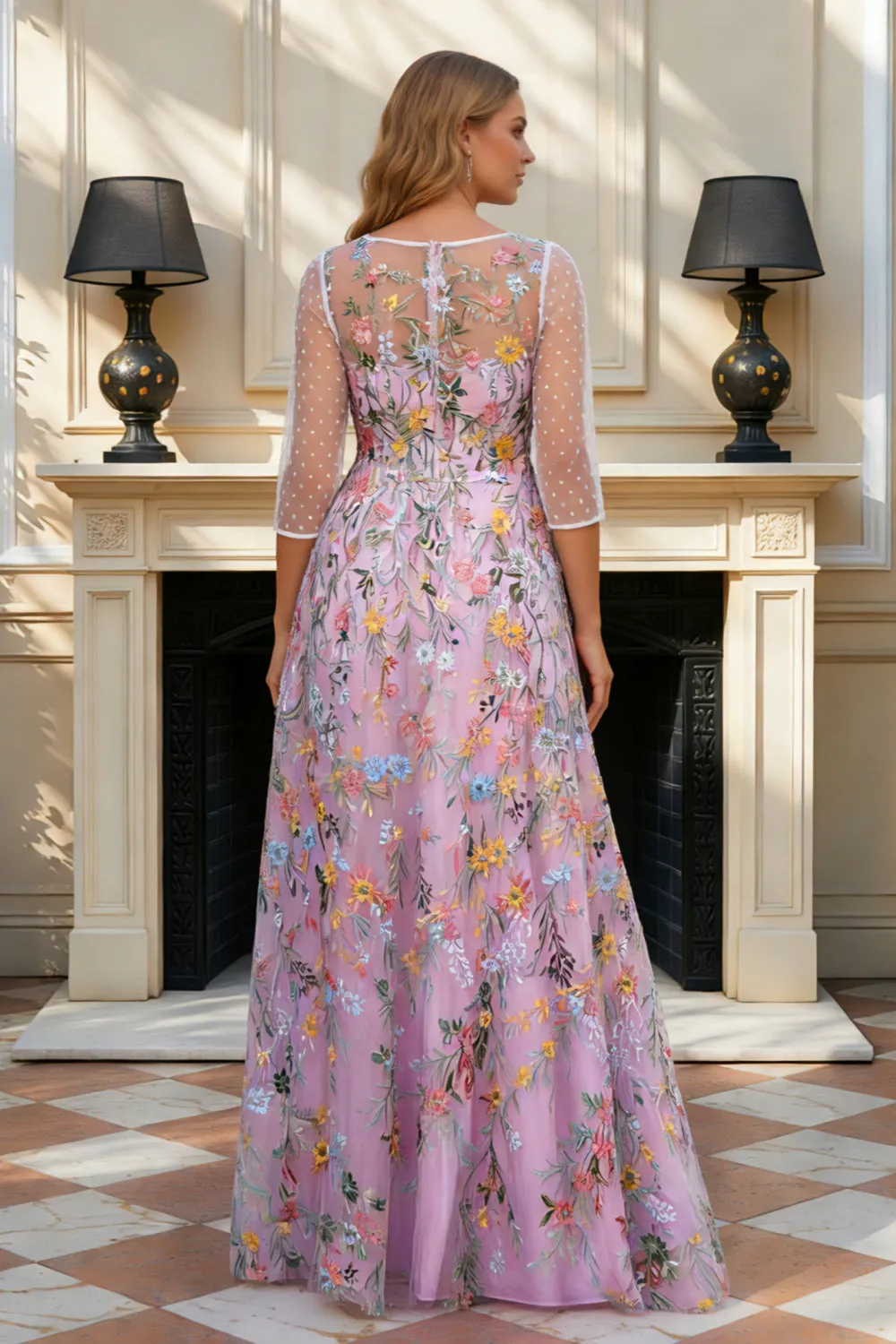Floral Dusty Rose Applique Illusion Neck A Line Mother of the Bride Dress with Long Sleeves sold by Wedtrend product image thumbnail 2