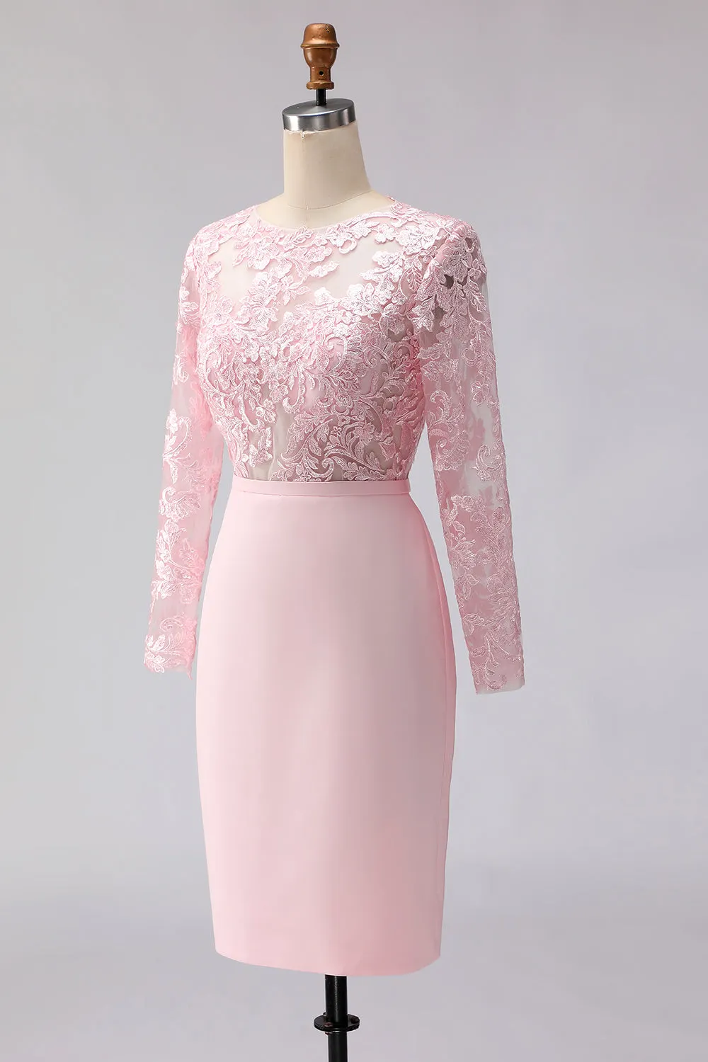 Blush Pink Sheath Appliqued Midi Mother of the Bride Dress with Long Sleeves sold by Wedtrend product image thumbnail 3