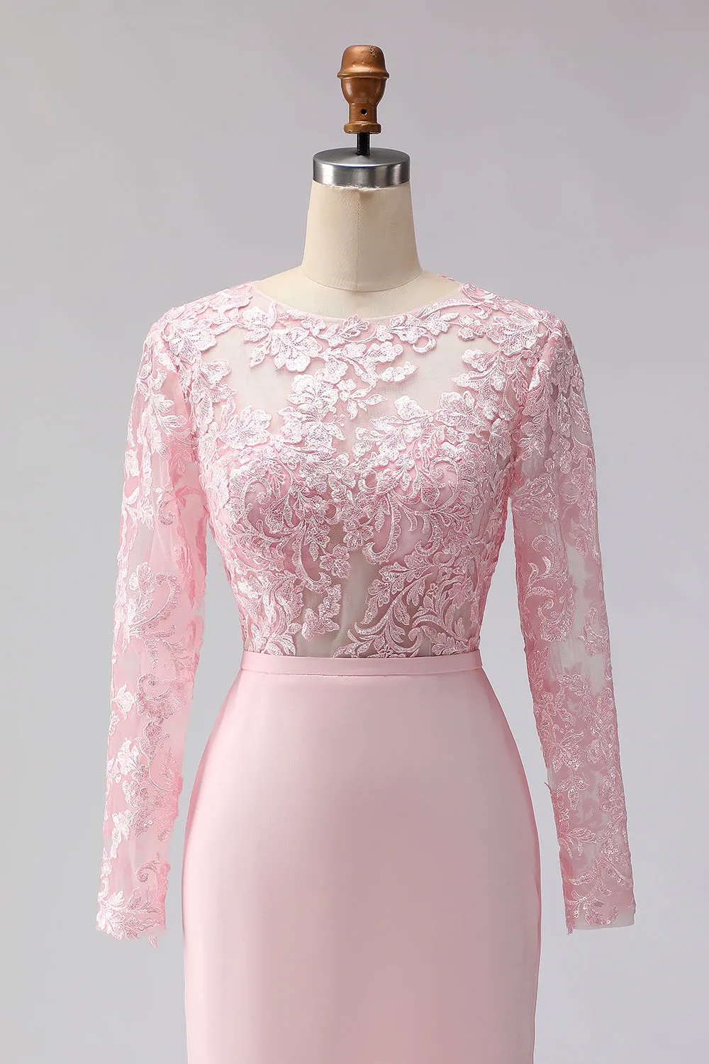 Blush Pink Sheath Appliqued Midi Mother of the Bride Dress with Long Sleeves sold by Wedtrend product image thumbnail 4
