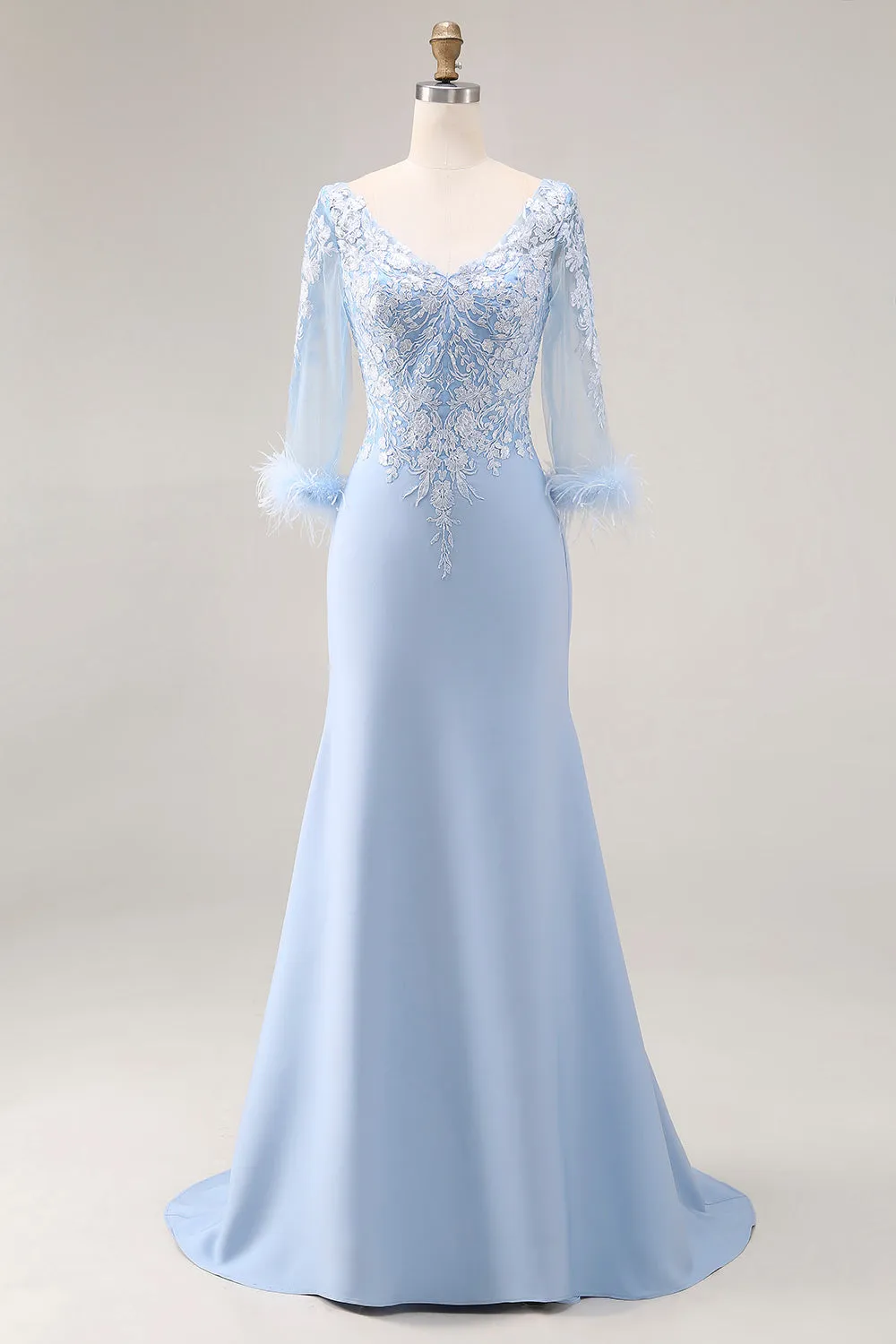 Sky Blue Mermaid Appliqued V Neck Mother of the Bride Dress with Sheer Sleeves sold by Wedtrend