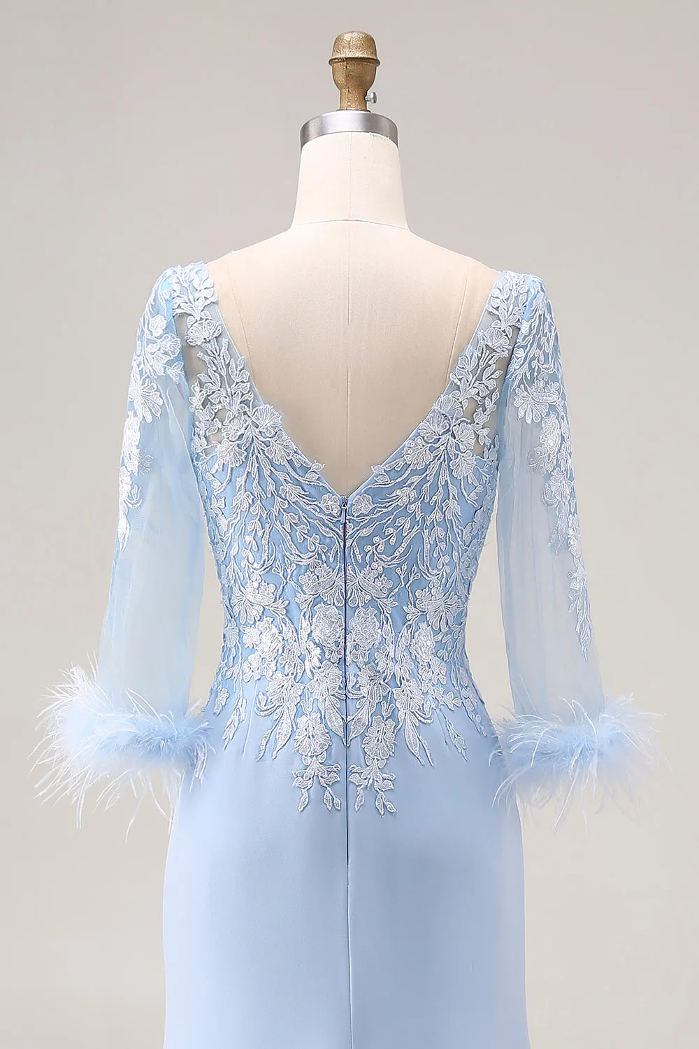 Sky Blue Mermaid Appliqued V Neck Mother of the Bride Dress with Sheer Sleeves sold by Wedtrend product image thumbnail 5