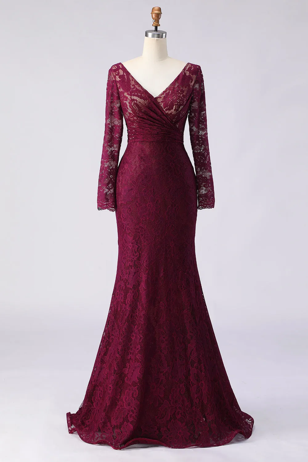 Cabernet Mermaid V Neck Lace Mother of the Bride Dress with Long Sleeves sold by Wedtrend