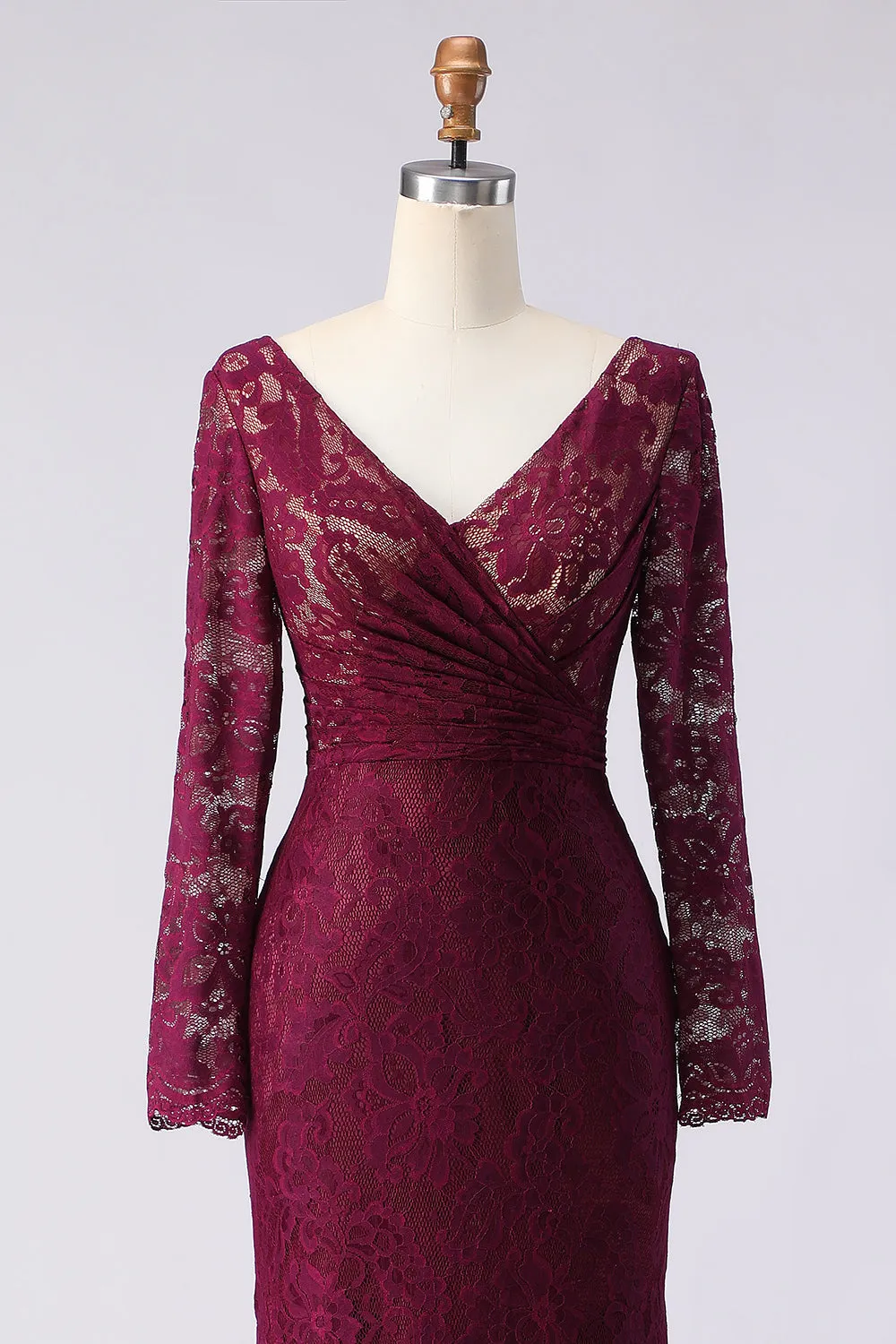 Cabernet Mermaid V Neck Lace Mother of the Bride Dress with Long Sleeves sold by Wedtrend product image thumbnail 4