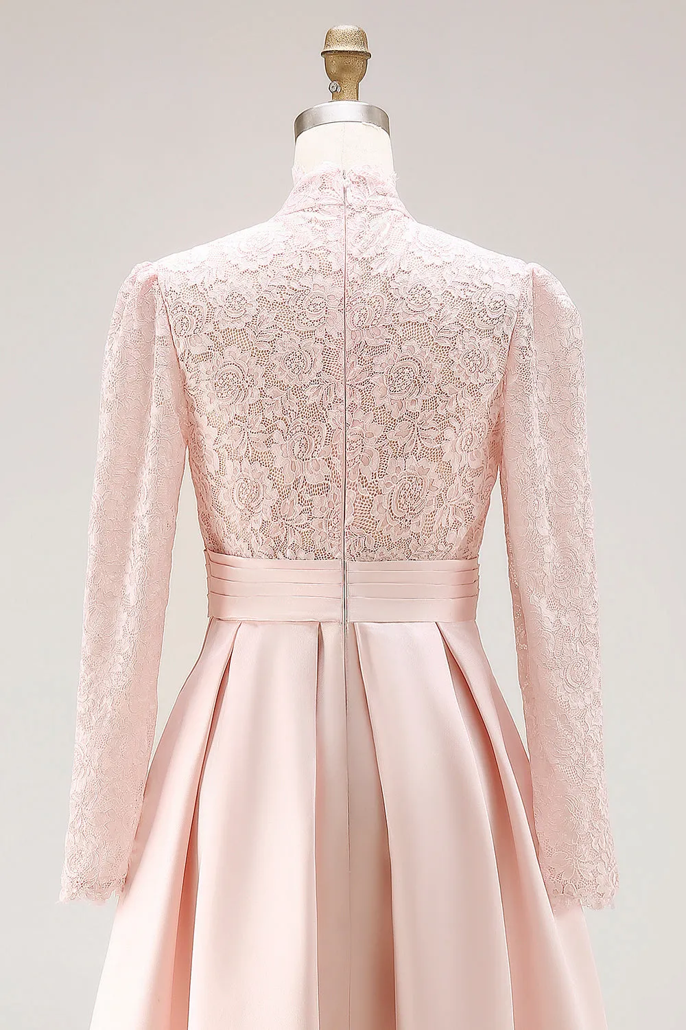 Candy Pink Lace A Line Satin High Neck Long Sleeve Mother of the Bride Dress sold by Wedtrend product image thumbnail 5