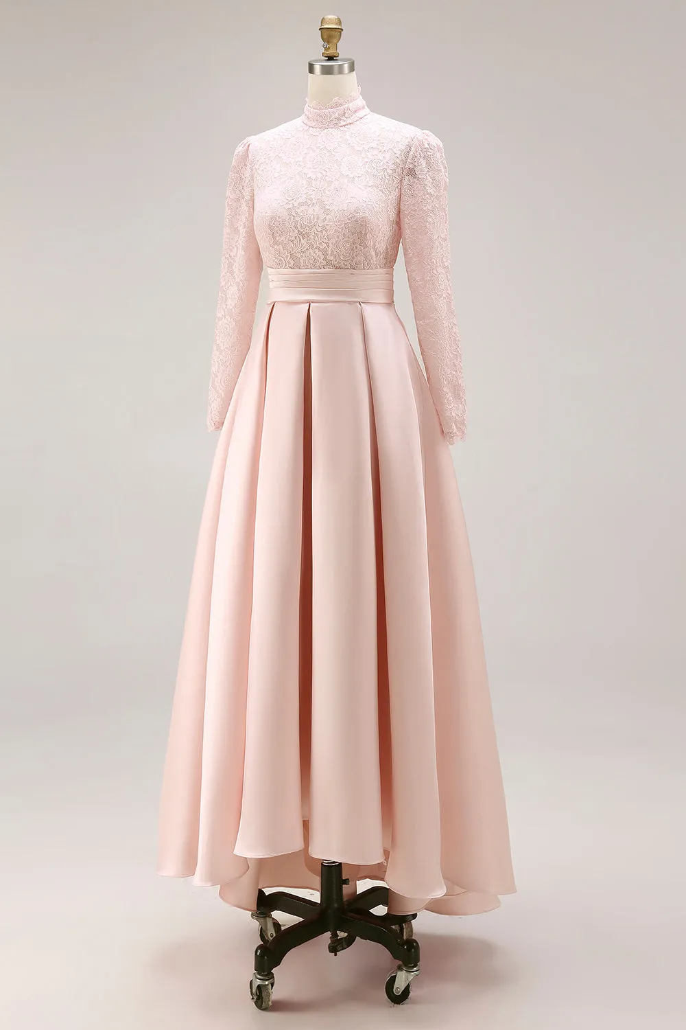 Candy Pink Lace A Line Satin High Neck Long Sleeve Mother of the Bride Dress sold by Wedtrend product image thumbnail 3