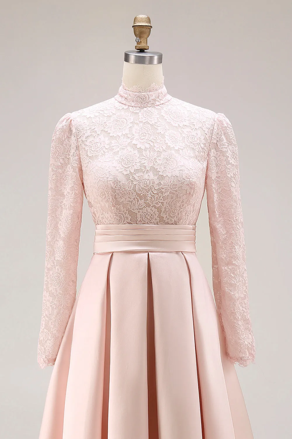 Candy Pink Lace A Line Satin High Neck Long Sleeve Mother of the Bride Dress sold by Wedtrend product image thumbnail 4