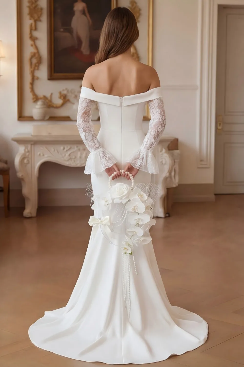Off the Shoulder Mermaid Ivory Satin Wedding Dress with Long Sleeves sold by Wedtrend product image thumbnail 2
