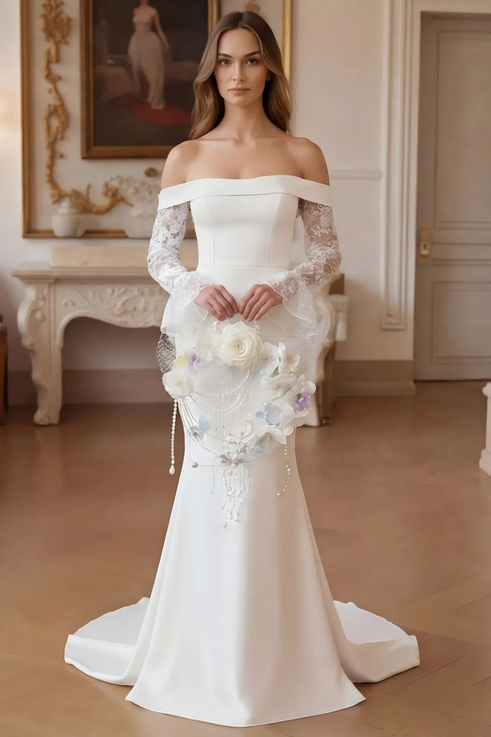 Off the Shoulder Mermaid Ivory Satin Wedding Dress with Long Sleeves sold by Wedtrend product image thumbnail 3