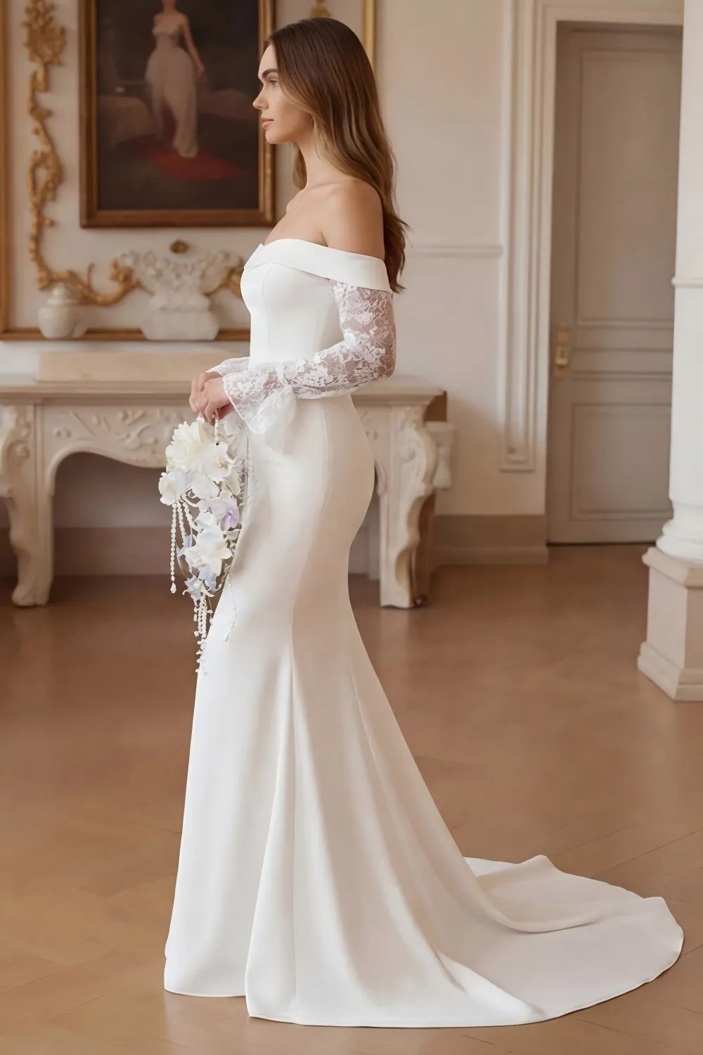 Off the Shoulder Mermaid Ivory Satin Wedding Dress with Long Sleeves sold by Wedtrend product image thumbnail 4