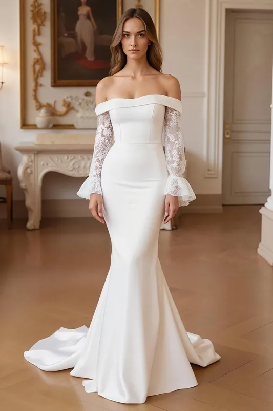 Off the Shoulder Mermaid Ivory Satin Wedding Dress with Long Sleeves made by Wedtrend