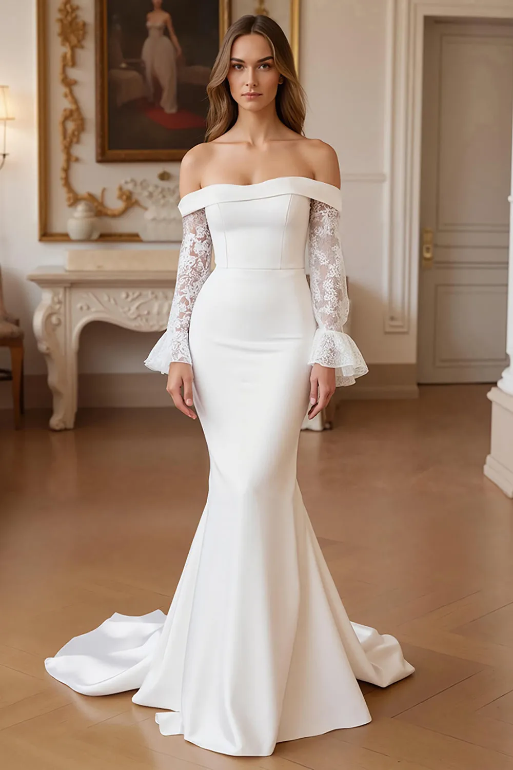 Off the Shoulder Mermaid Ivory Satin Wedding Dress with Long Sleeves sold by Wedtrend