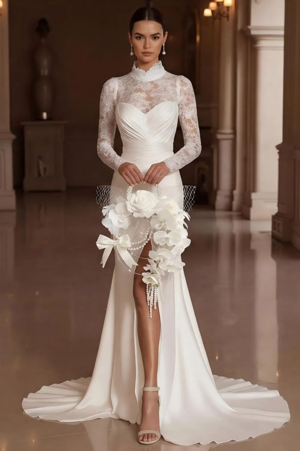 Ivory Mermaid High Neck Lace Long Sleeve Wedding Dress with Slit sold by Wedtrend