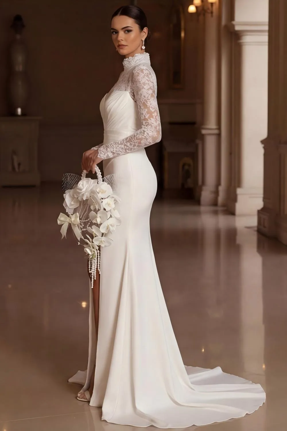 Ivory Mermaid High Neck Lace Long Sleeve Wedding Dress with Slit sold by Wedtrend product image thumbnail 3