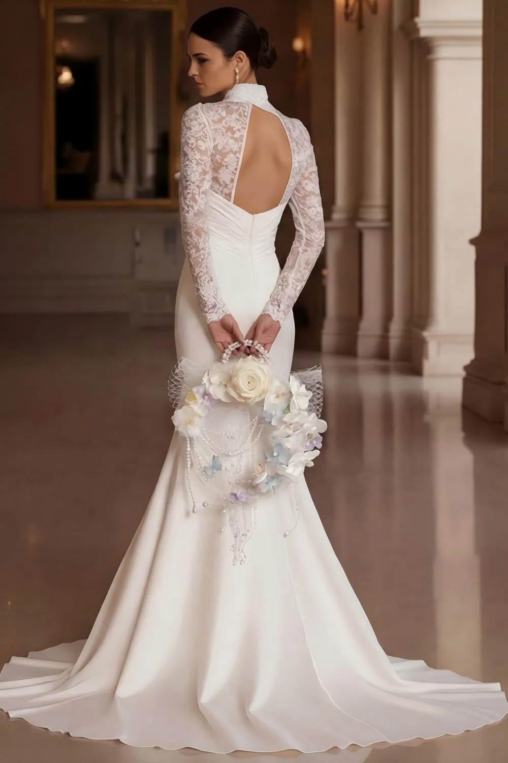 Ivory Mermaid High Neck Lace Long Sleeve Wedding Dress with Slit sold by Wedtrend product image thumbnail 5