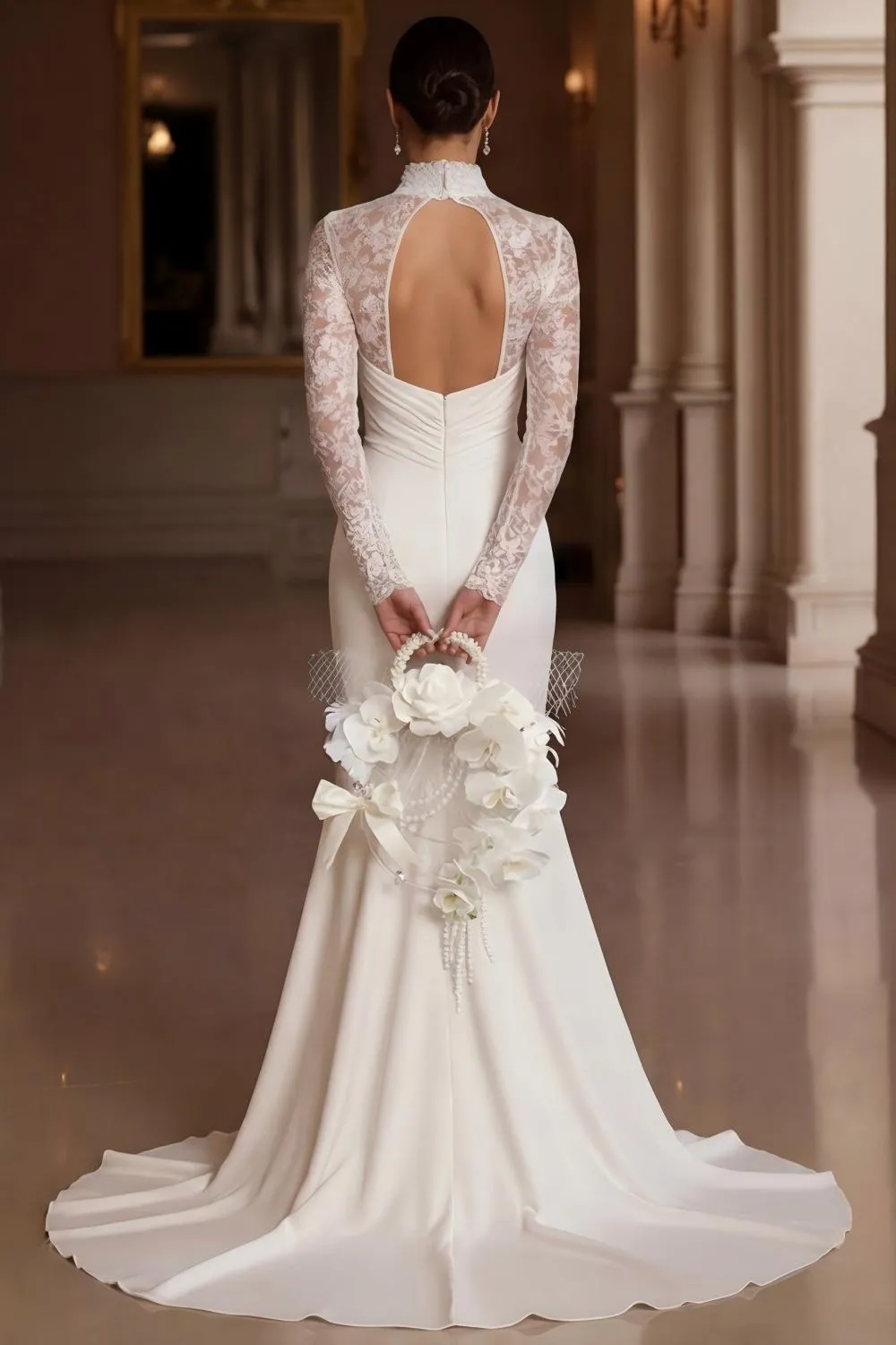Ivory Mermaid High Neck Lace Long Sleeve Wedding Dress with Slit sold by Wedtrend product image thumbnail 2