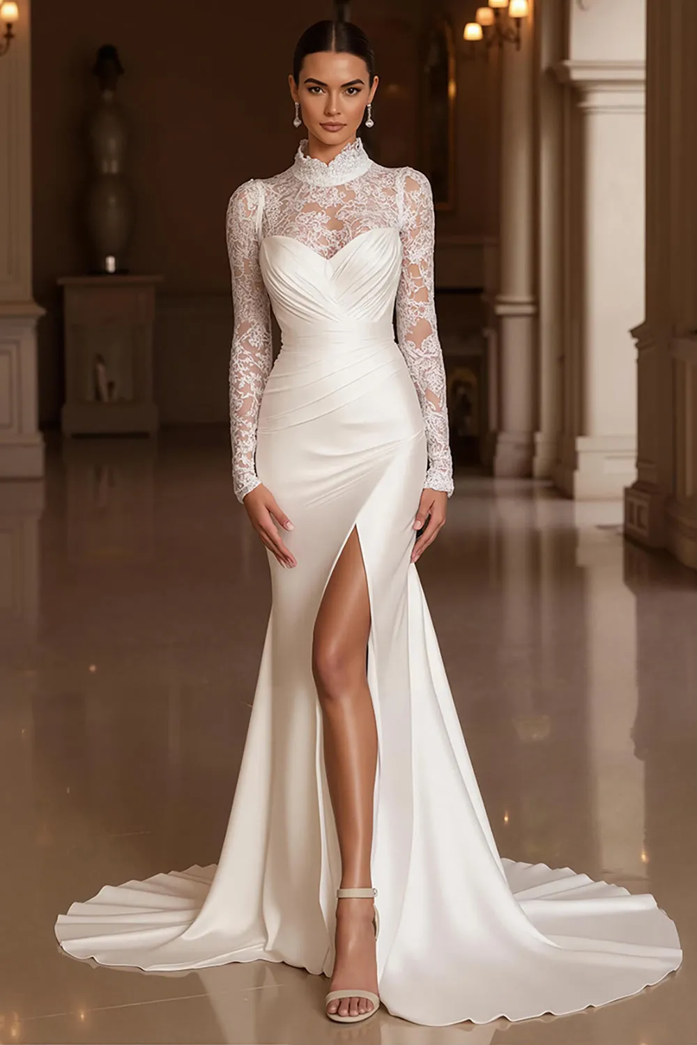 Ivory Mermaid High Neck Lace Long Sleeve Wedding Dress with Slit sold by Wedtrend product image thumbnail 4