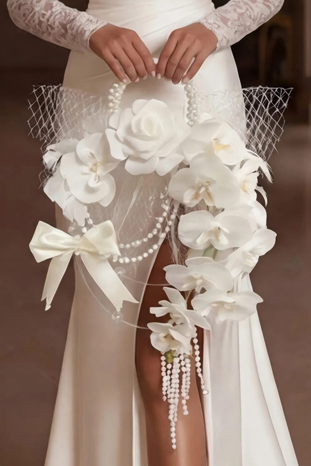 Pearl Hoop Bridal Bouquet with White Orchids sold by Wedtrend product image thumbnail 2