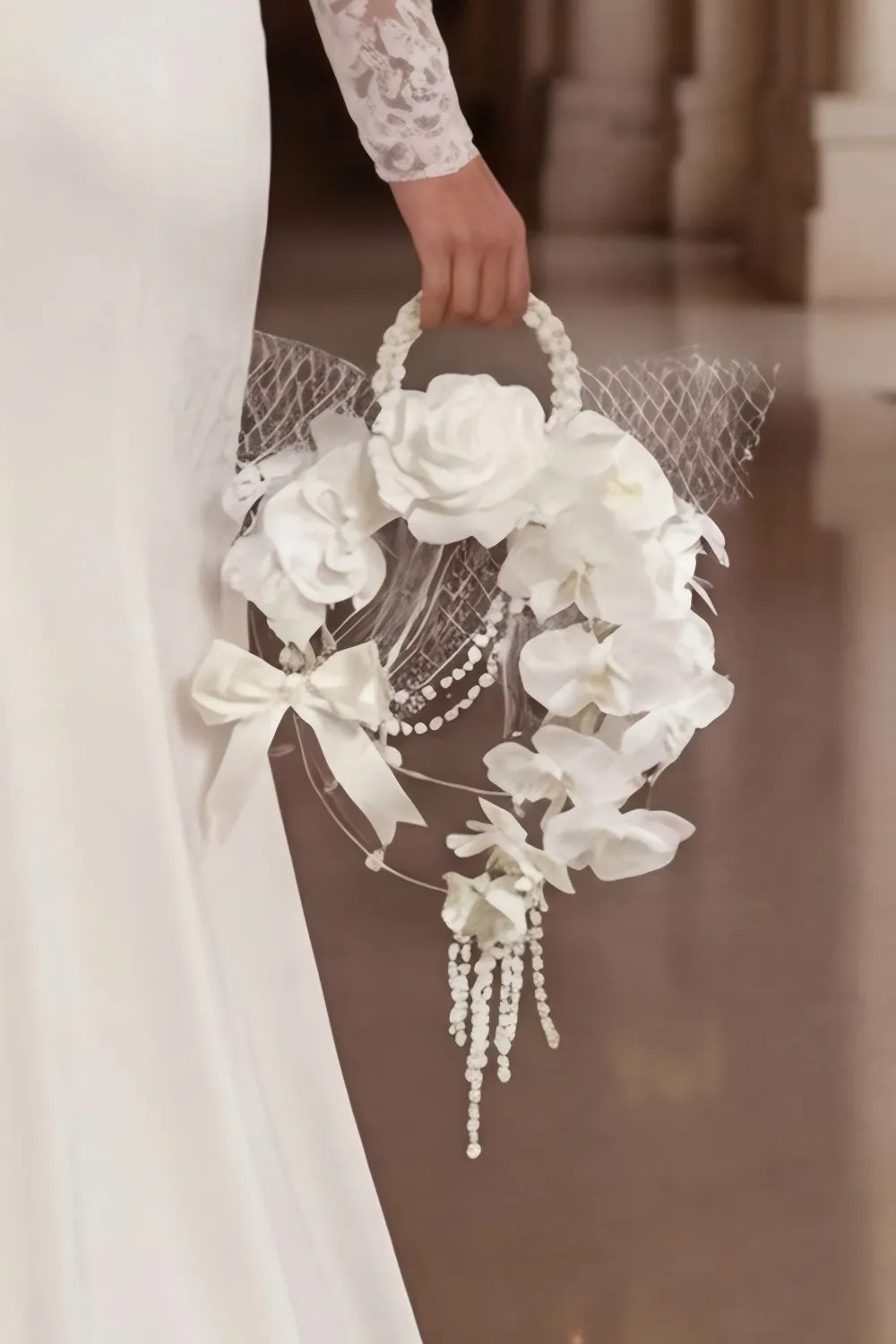 Pearl Hoop Bridal Bouquet with White Orchids sold by Wedtrend product image thumbnail 4
