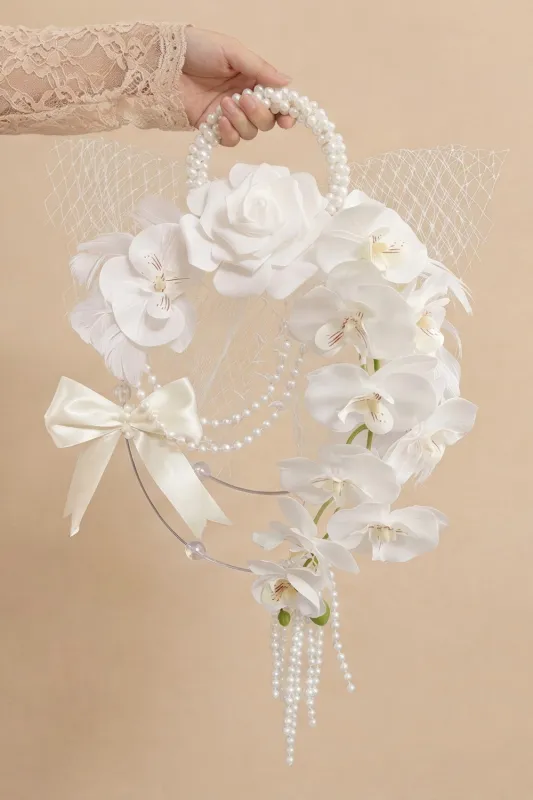 Pearl Hoop Bridal Bouquet with White Orchids made by Wedtrend