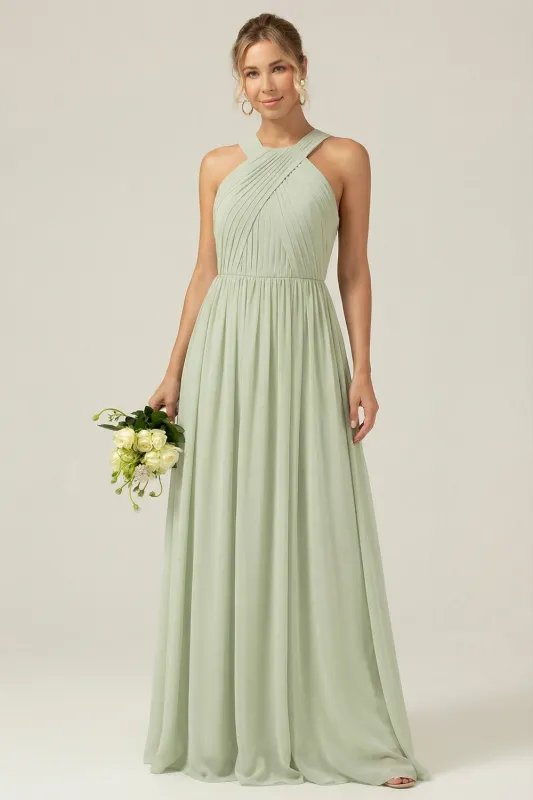 Dusty Sage A Line Halter Chiffon Long Bridesmaid Dress made by Wedtrend