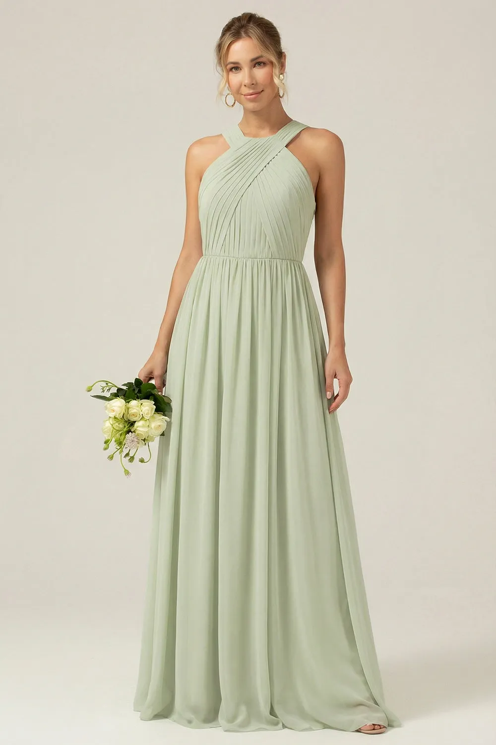 Dusty Sage A Line Halter Chiffon Long Bridesmaid Dress sold by Wedtrend
