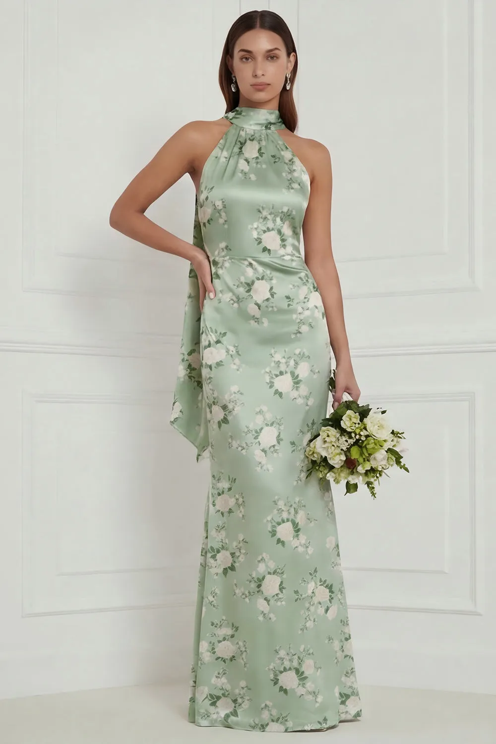 Halter Sage Green Floral Sheath Satin Long Bridesmaid Dress sold by Wedtrend
