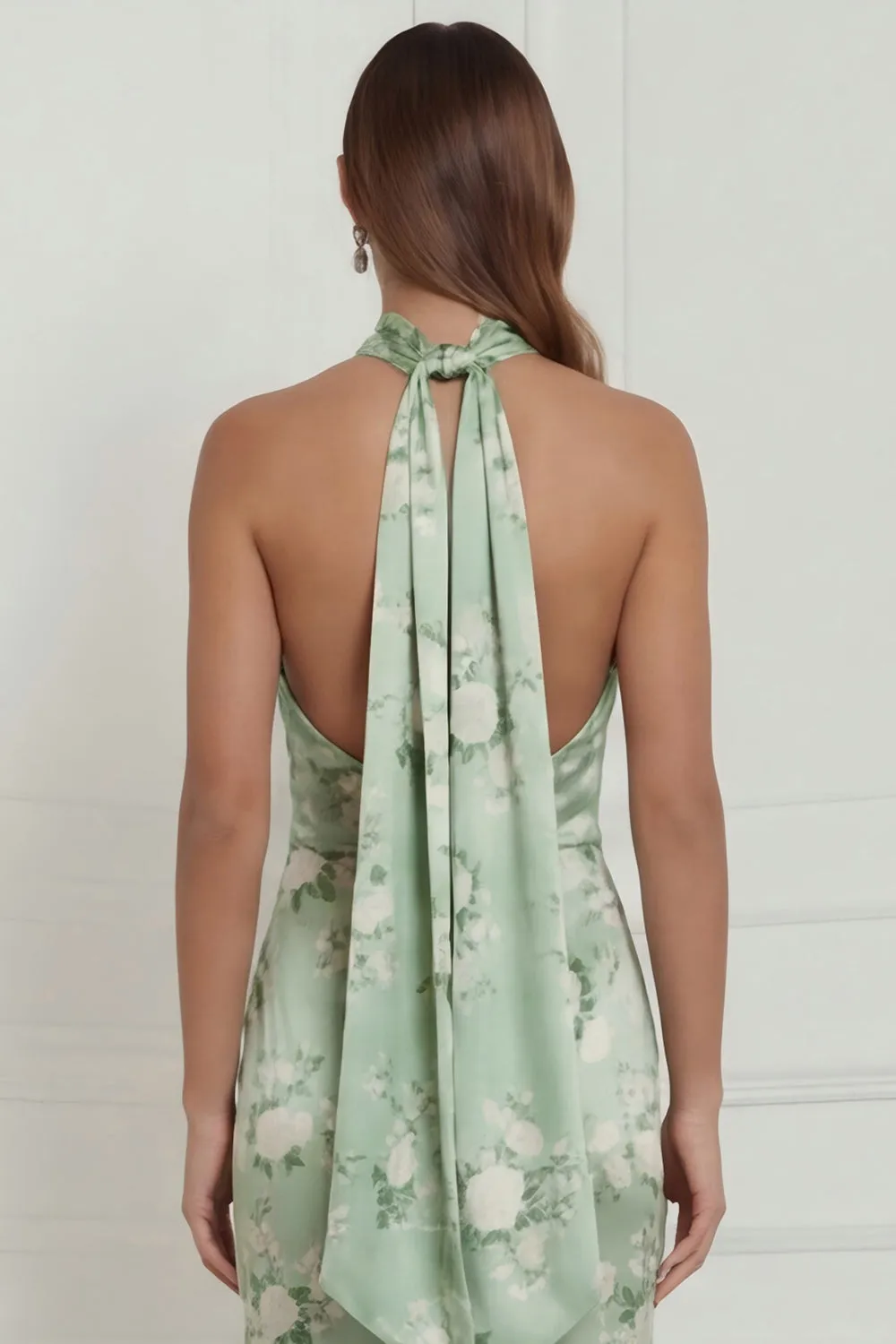 Halter Sage Green Floral Sheath Satin Long Bridesmaid Dress sold by Wedtrend product image thumbnail 5