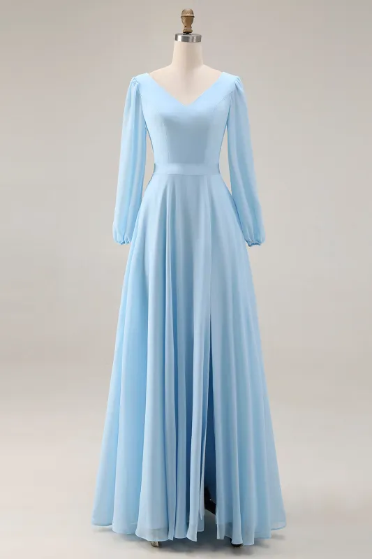 Sky Blue A Line V Neck Chiffon Long Sleeve Bridesmaid Dress made by Wedtrend