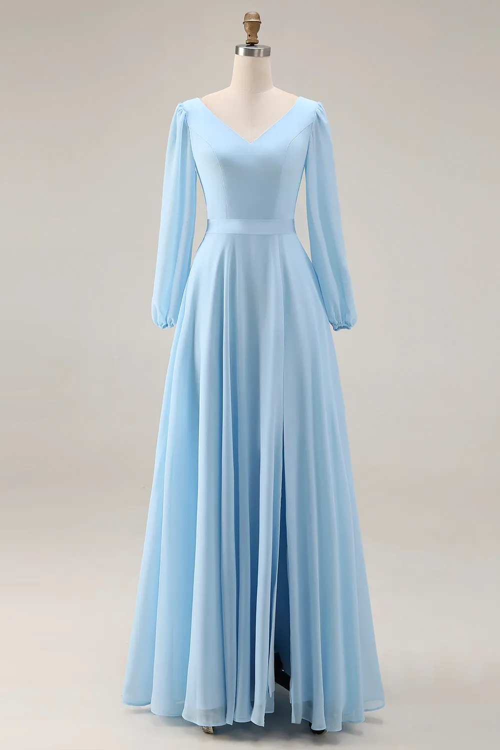 Sky Blue A Line V Neck Chiffon Long Sleeve Bridesmaid Dress sold by Wedtrend