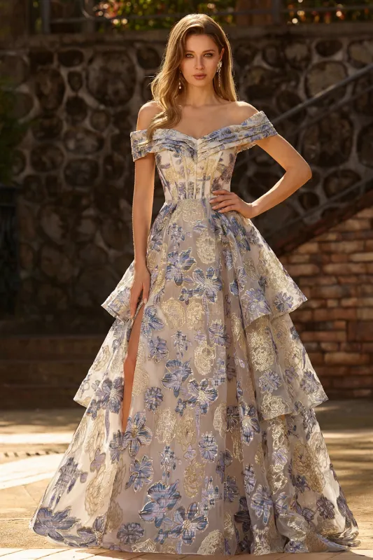 Off the Shoulder Dusty Blue Floral A Line Corset Long Prom Dress with Slit sold by Wedtrend