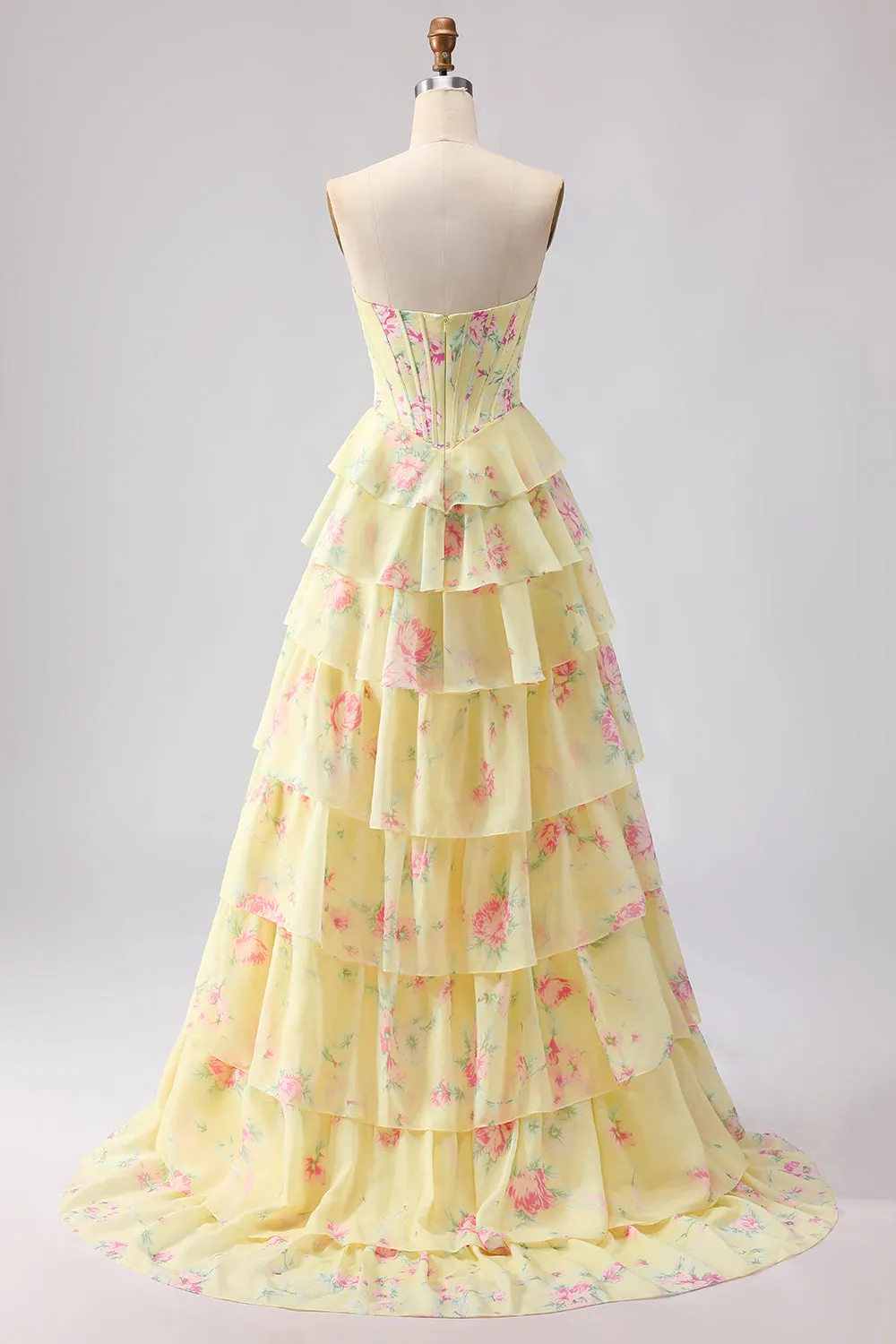 Yellow Flower Strapless Print A-Line Corset Tiered Ruffle Long Prom Dress with Slit sold by Wedtrend product image thumbnail 4