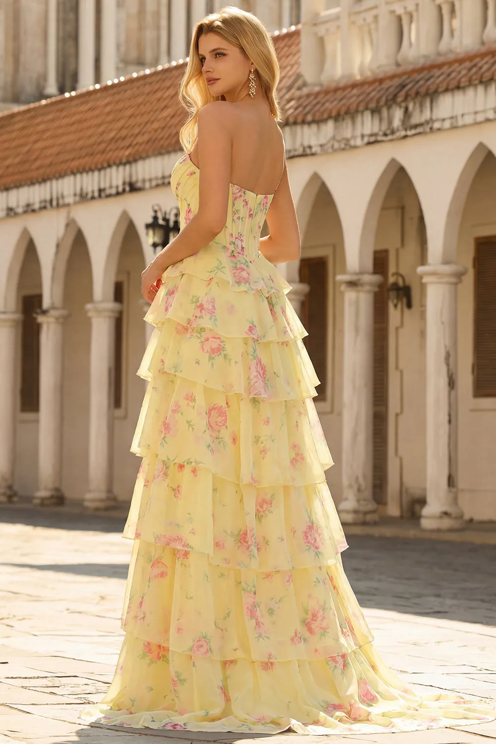Yellow Flower Strapless Print A-Line Corset Tiered Ruffle Long Prom Dress with Slit sold by Wedtrend product image thumbnail 2