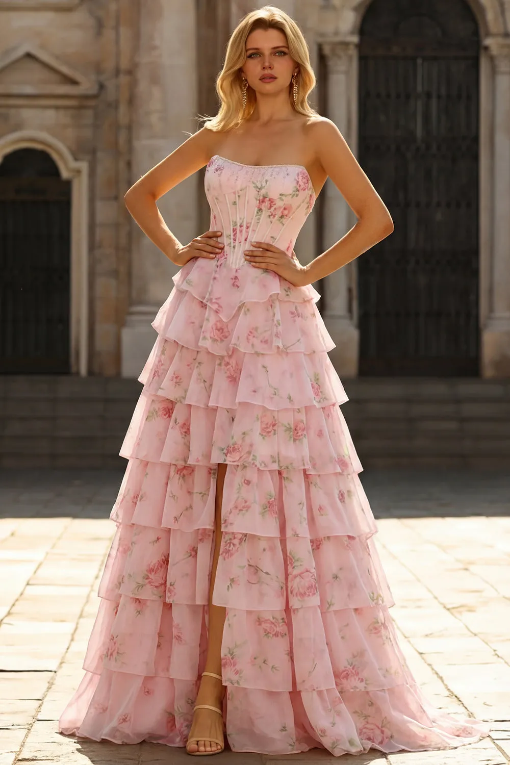 Yellow Flower Strapless Print A-Line Corset Tiered Ruffle Long Prom Dress with Slit sold by Wedtrend product image thumbnail 5