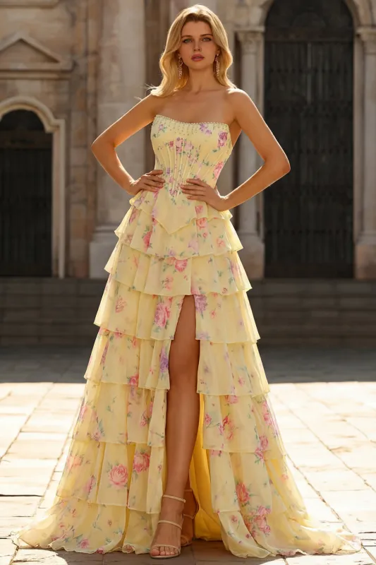 Yellow Flower Strapless Print A-Line Corset Tiered Ruffle Long Prom Dress with Slit made by Wedtrend