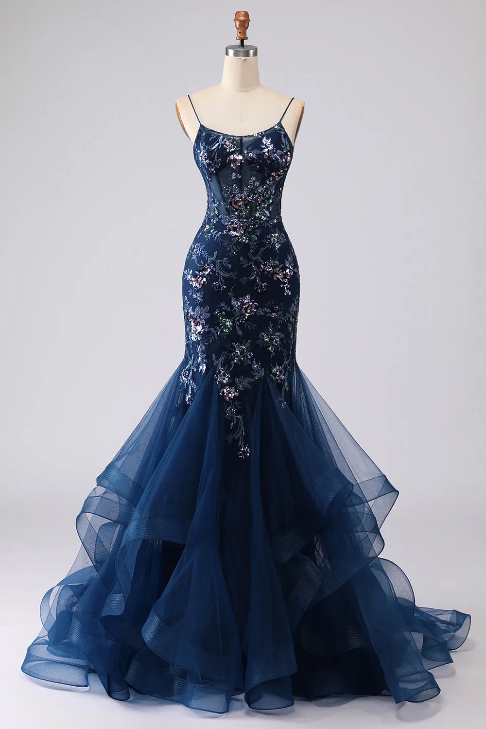 Navy Sequin Mermaid Embrodiered Corset Long Prom Dress with Ruffles sold by Wedtrend product image thumbnail 3