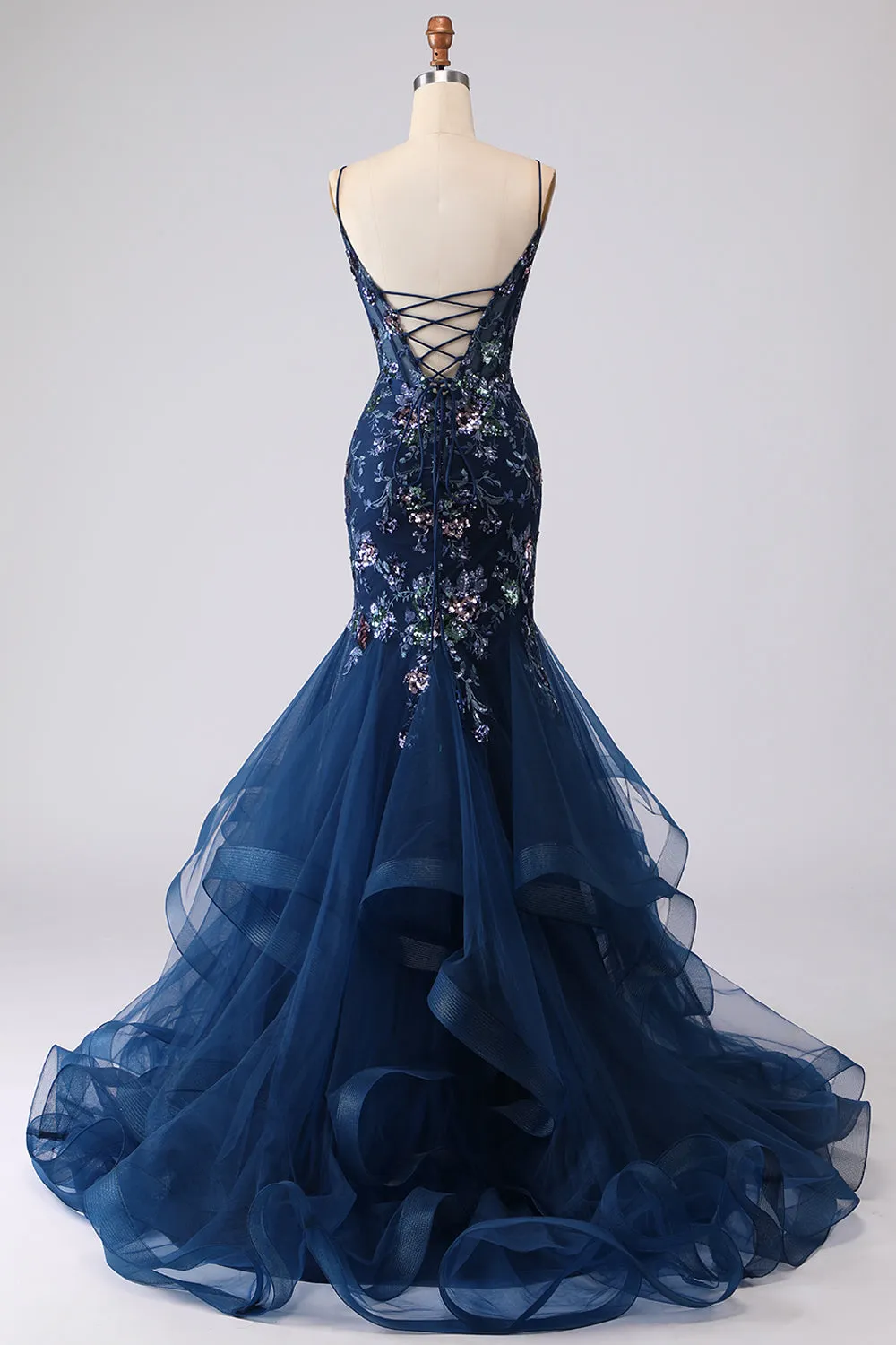 Navy Sequin Mermaid Embrodiered Corset Long Prom Dress with Ruffles sold by Wedtrend product image thumbnail 4