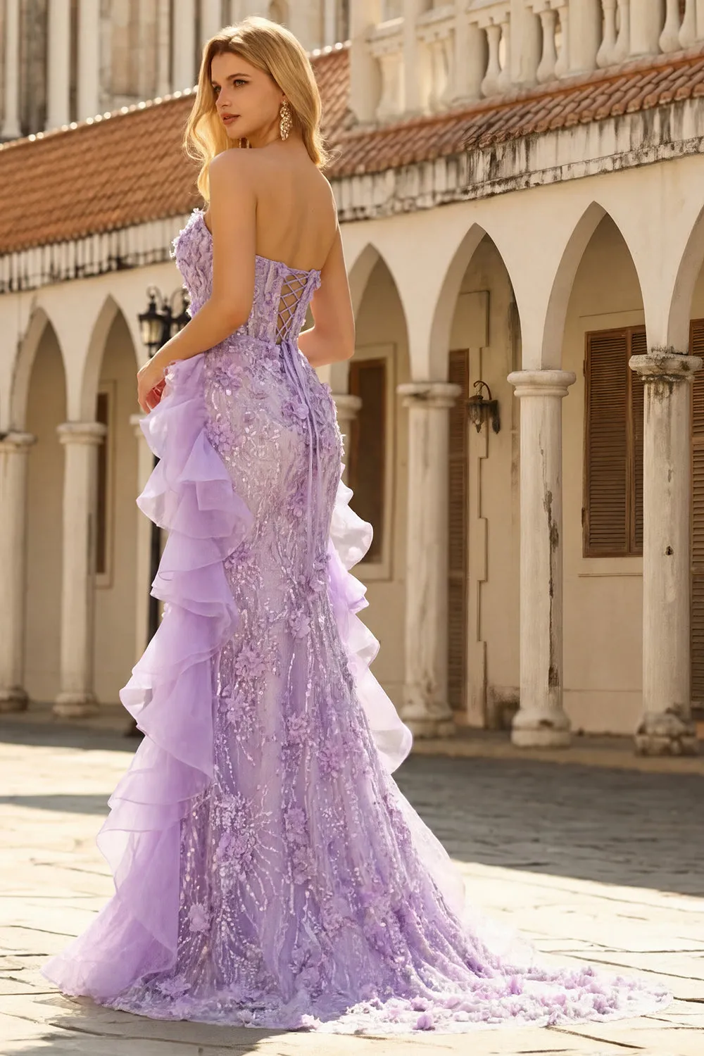 Lilac Strapless Mermaid Sequin Beaded Corset 3D Flower Long Prom Dress with Slit sold by Wedtrend product image thumbnail 2